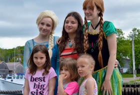 Cancer survivor Sophia Panton, left in front, was joined on the Montague May 29 by her sister, Elizabeth, centre, and friend Sophia as well as Elsa, left, played by Keirsten Boutilier, Moana played by Lirika Curri and Anna played by Jenna Montgomery.