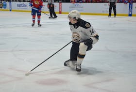 Charlottetown Islanders defenceman Ryan Maynard, 14, defends against the Moncton Wildcats during a Quebec Major Junior Hockey League regular-season game at Eastlink Centre. The Islanders are currently playing the Sherbrooke Phoenix in the best-of-five semifinal series. Jason Simmonds • The Guardian