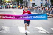 Mohamed Elhage was the first person across the finish line in the Kids Marathon on Saturday.