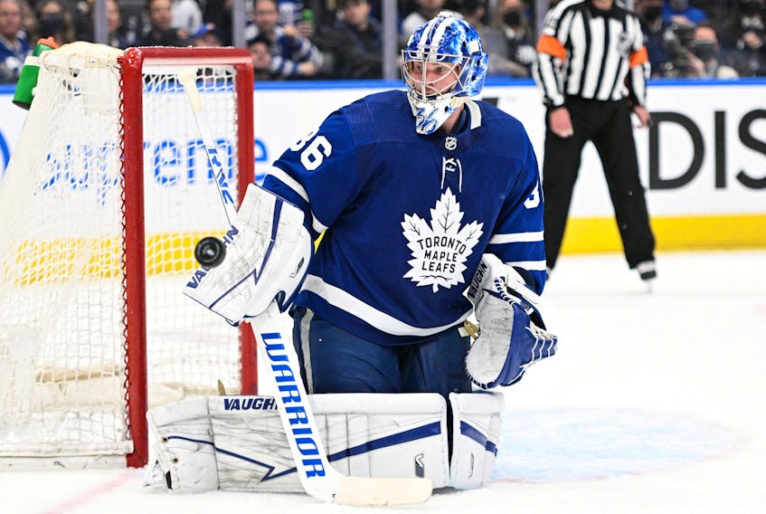 Maple Leafs goalie Jack Campbell makes a save against the Tampa Bay Lightning in Game 1 of their first-round playoff series against the Tampa Bay Lightning at Scotiabank Arena on Monday, May 2, 2022.