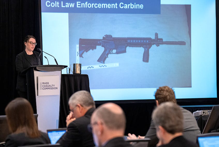 Commission counsel Amanda Byrd delivers information on possession and use of firearms by Gabriel Wortman at the Mass Casualty Commission inquiry into the mass murders in rural Nova Scotia on April 18/19, 2020, in Dartmouth, N.S. on Tuesday, May 3, 2022. Wortman, dressed as an RCMP officer and driving a replica police cruiser, murdered 22 people. THE CANADIAN PRESS/Andrew Vaughan