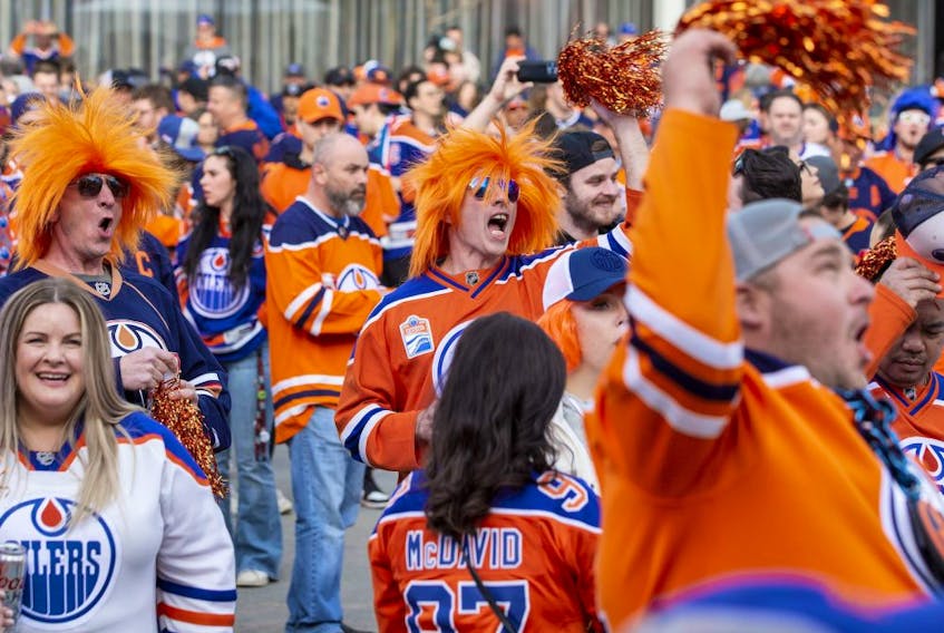  People take part in the celebrations as the Edmonton Oilers have clinched home ice advantage in the first round of the 2022 Stanley Cup Playoffs. Edmonton’s ICE District is the centre of the activities including the Oilers tailgate event on Monday, May 2, 2022 in Edmonton.