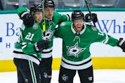  The Stars’ first line of Joe Pavelski, right, Jason Robertson (21) and Roope Hintz combined for 232 points in the regular season.