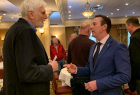 Truro Coun. Bill Thomas, left, speaks with Cumberland Colchester MP Stephen Ellis following a Truro & Colchester Chamber of Commerce breakfast with the MP on Friday, May 27. Ellis spoke about a week in the life of a member of Parliament and answered questions from business. 