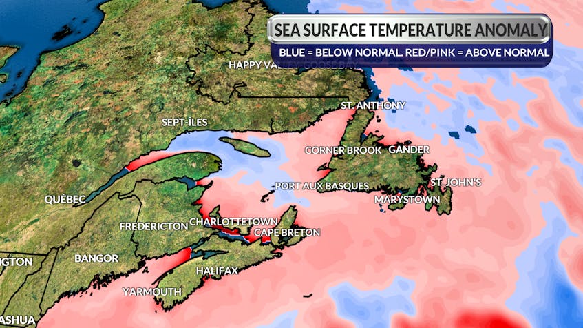 Sea surface temperatures, which impact our climate and temperature, are currently warmer than normal.