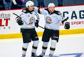 The Charlottetown Islanders’ William Trudeau, 2, and Dawson Stairs, 25, celebrate a goal during a Quebec Major Junior Hockey League playoff game against the Sherbrooke Phoenix on May 30. Trudeau’s second-period goal gave the Islanders a 4-1 lead, and proved to be the game-winner in a 4-3 victory. Charlottetown won the best-of-five semifinal series 3-1. Sherbrooke Phoenix • Vincent L-Rousseau
