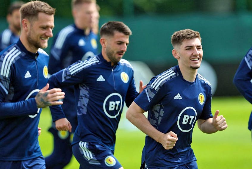  Scotland national team players run during a training session in Edinburgh on May 31, 2022 on the eve of their World Cup 2022 qualifier football match against Ukraine.