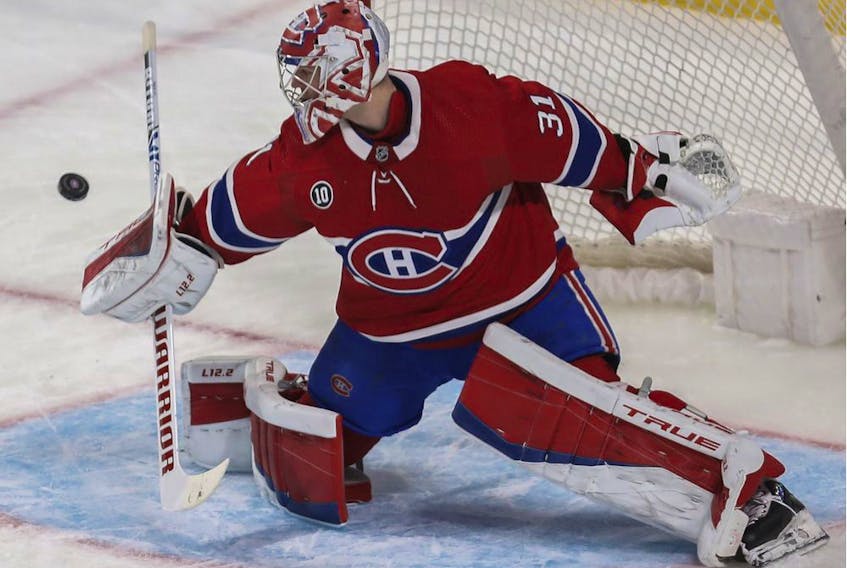 Montreal Canadiens' Carey Price makes a blocker save against the Florida Panthers during the first period  at the Bell Centre in Montreal on April 29, 2022. 