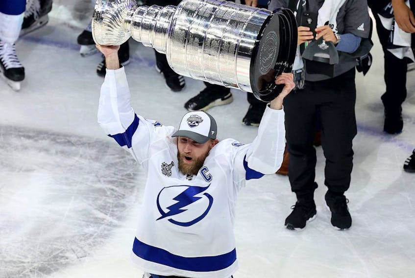  Steven Stamkos of the Tampa Bay Lightning skates with the Stanley Cup following the series-winning victory over the Dallas Stars in Game 6 of the 2020 NHL Stanley Cup Final at Rogers Place on September 28, 2020.