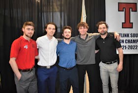 The five graduating Truro Jr. A Bearcats from the 2021-22 season come together for a photo at the conclusion of their Wednesday evening banquet. Pictured are Riley MacInnis (left), Ben Sheffar, Gavin Hart, Brandt King, and Holden Kodak.