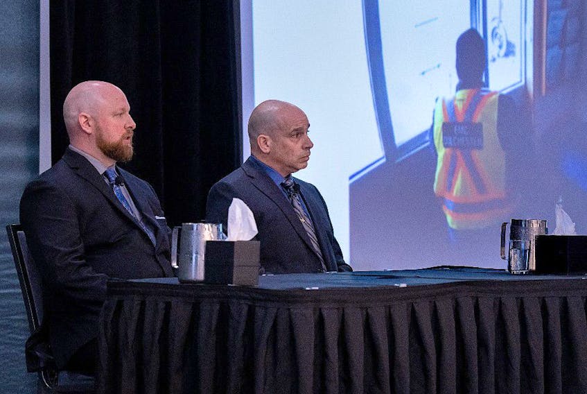 RCMP Const. Terry Brown, left, and Const. Dave Melanson field questions at the Mass Casualty Commission inquiry into the mass murders in rural Nova Scotia.