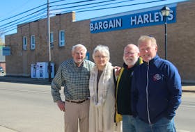 The next project of the Berwick Mural Society will take place at Bargain Harley’s on Commercial Street. From left are Harley Moody, Bargain Harley’s president and owner, with society board members Anna Horsnell, John Dow and Greg Hubbert.