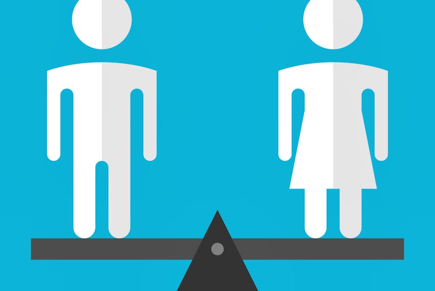 70793898 - white man and woman silhouettes standing on weighing scales on blue background. gender, harmony and civil rights concept. flat design. vector illustration. eps 8, no transparency  Men and women being paid the same for work of equal value should be a given, but in Newfoundland and Labrador, it is still not the law. — Stock photo