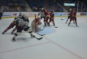 Charlottetown Islanders forward Xavier Simoneau, 81, controls the puck in a Quebec Major Junior Hockey League regular-season game against the Acadie-Bathurst Titan at Eastlink Centre on May 1. Simoneau recorded six assists in the Islanders’ 10-2 win. Jason Simmonds • The Guardian