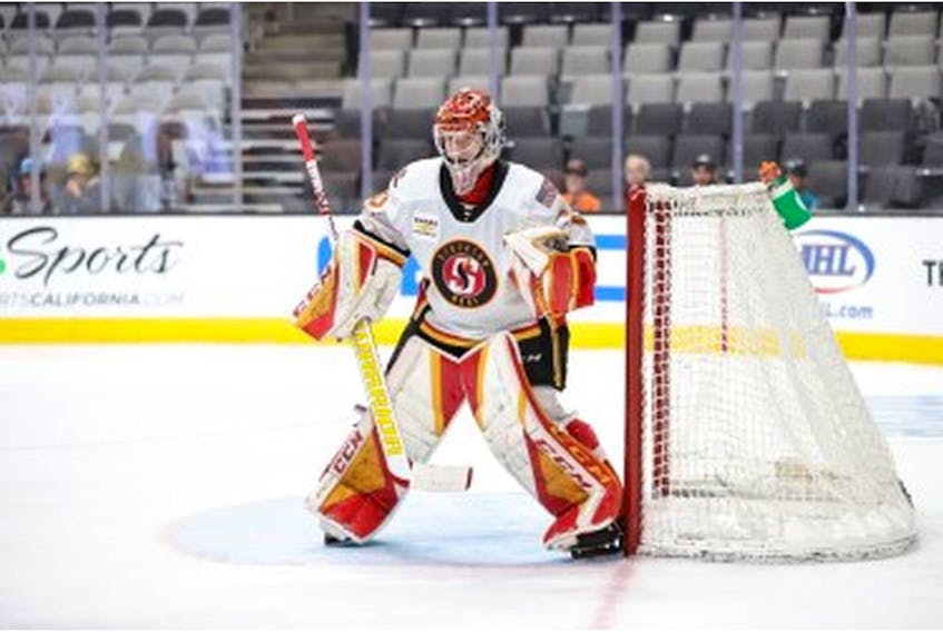 Calgary Flames prospect Dustin Wolf was named the American Hockey League's top puck stopper in his first year with the Stockton Heat. Wolf posted 33 wins with a .924 save percentage this season. Photo courtesy of Stockton Heat