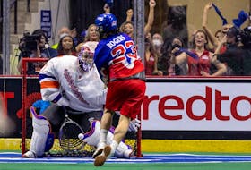 Toronto captain Challen Rogers scores 2:27 into overtime, beating Halifax goalie Aaron Bold between the pads as the Rock ended the Thunderbirds's season with a 14-13 victory in their one-game elimination playoff Friday night at FirstOntario Centre in Hamilton, Ont. - NATIONAL LACROSSE LEAGUE