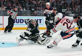 Edmonton Oilers center Leon Draisaitl (29) shoots the puck past LA Kings goaltender Jonathan Quick (32) for a goal in the first period of game three of the first round of the 2022 Stanley Cup Playoffs at Crypto.com Arena. 