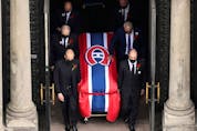 The casket of Guy Lafleur is carried out of the cathedral during the funeral of Montreal Canadiens  legend Guy Lafleur at Mary Queen of the World Cathedral in Montreal on May 3. REUTERS