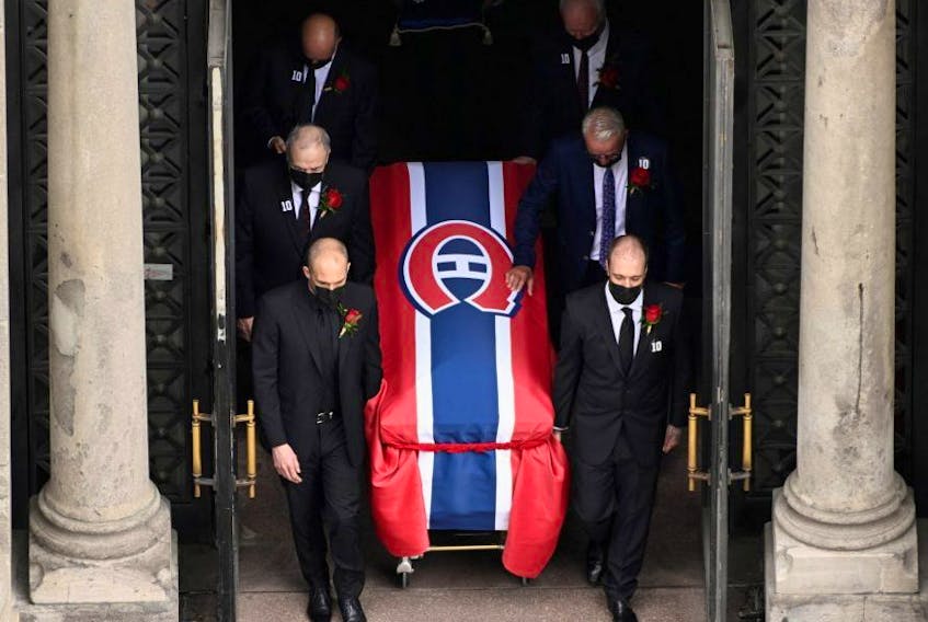 The casket of Guy Lafleur is carried out of the cathedral during the funeral of Montreal Canadiens  legend Guy Lafleur at Mary Queen of the World Cathedral in Montreal on May 3. REUTERS