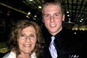  Blake Coleman, then skating in the United States Hockey League, with his late grandmother Marie Hoffman. As a kid, Coleman attended countless Dallas Stars games with Marie. (Courtesy of Coleman family)