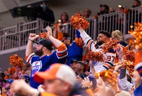 Edmonton Oilers fans cheer as the team battles the L.A. Kings during first period NHL action in Game 2 of their first round Stanley Cup playoff series in Edmonton, on Wednesday, May 4, 2022.