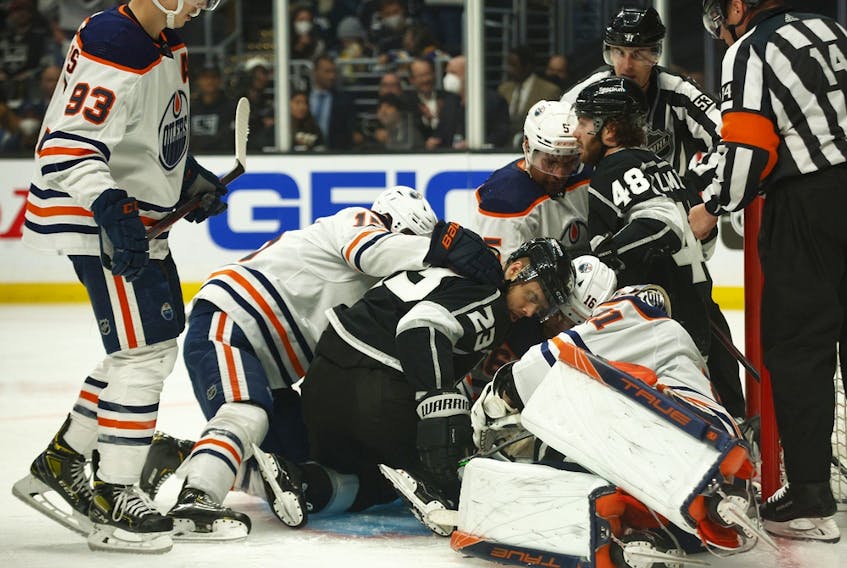 Mike Smith (41) of the Edmonton Oilers makes a save against the Los Angeles Kings in Game 4 of their first-round series of the 2022 Stanley Cup Playoffs at Crypto.com Arena on Sunday, May 08, 2022, in Los Angeles, Calif.