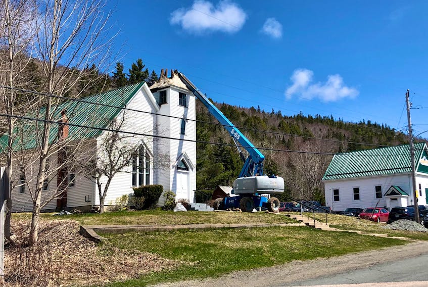 The steeple at Knox First United Church in Blacketts Lake was torn down by crews on May 3 and replaced as part of roof repairs that have been taking place over the past few weeks. NICOLE SULLIVAN/CAPE BRETON POST