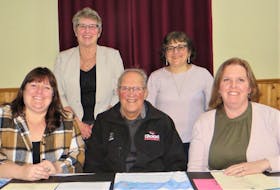 Tina Richard (left) with the Tignish Irish Moss Festival, Eric Dixon, Crapaud Exhibition, Katie MacLennan with the P.E.I. Potato Blossom Festival. Standing is Jean Tingley, Provincial Youth Talent Coordinator and Jeanne Gallant from the L'Exposition agricole et le Festival Acadien.