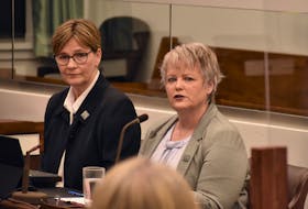 Executives of the P.E.I. Nurses Union, Joanne Chisholm, left, and Barbara Brookins, speak at the legislative standing committee meeting for health and social development June 8 in Charlottetown.