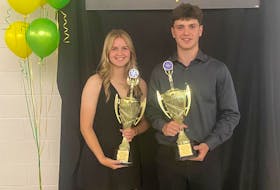 Paige MacLean and Ryan MacLean pose with the Three Oaks Senior High School athletes of the year awards. The Summerside school held its athletic awards dinner on June 10. Contributed