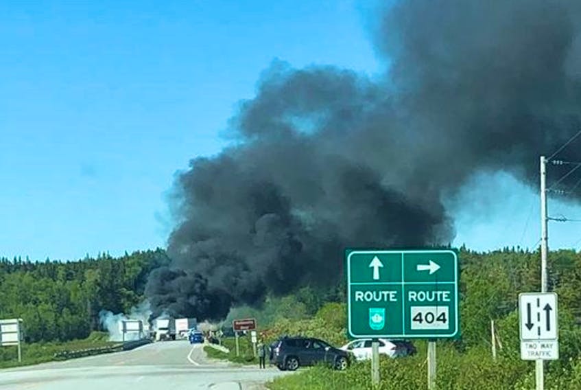 The TCH near the exit to Route 404 in southwestern Newfoundland was closed due to a serious collision on June 13, 2022. (Facebook photo courtesy Nancy Anstey.)