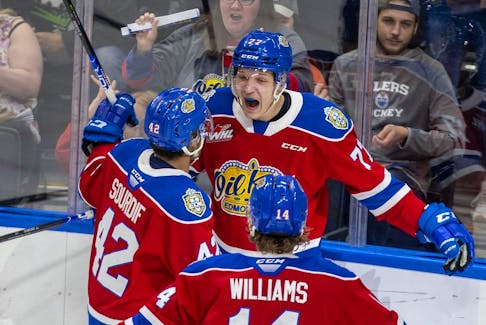 Edmonton Oil Kings Jakub Demek (77) celebrates his goal on the Seattle Thunderbirds during first period action in game six of the Western Hockey League Championship series final on Monday, June 13, 2022.