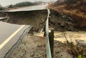 A portion of the Trans-Canada Highway in western Newfoundland, 25 kilometres northwest of Port aux Basques was washed away following heavy rain in November 2021. - Contributed