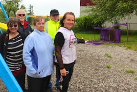 Sylvia Facchin, right, gestures to a porch swings that was destroyed by vandals this weekend at the community playground behind My Father’s House church in Glace Bay. She is joined by Glenda Evely, from left, Pastor Harlyn Purdy, Catherine Andrews and Gordon MacNeil. The playground has suffered about $20,000 in damages in the past few years, including torn-down fencing, broken gates and picnic tables, and smashed toys. Chris Connors/Cape Breton Post