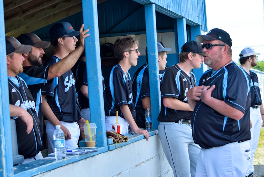 Sherose Island Schooners head coach Bobby Blades talks to the team prior to the start of the June 11 home opener against the Amherst Athletics in the Nova Scotia Intermediate Baseball League. KATHY JOHNSON