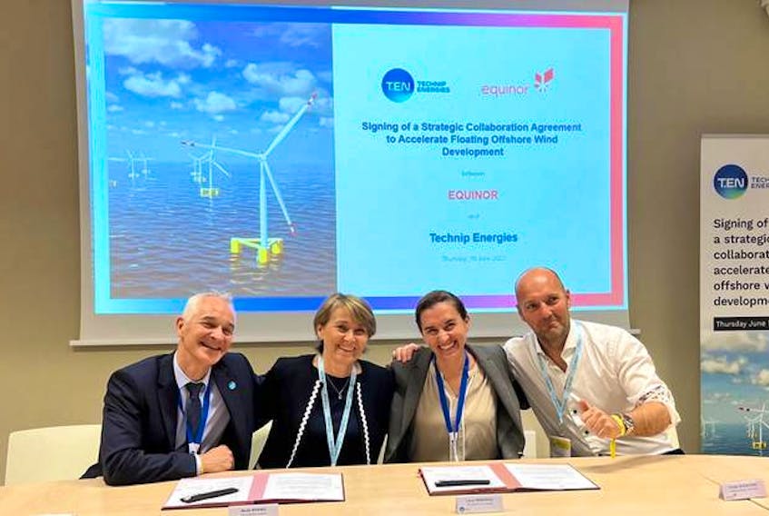 BU Technip Energies offshore floating wind vice-president Willy Gauttier, left, Equinor renewables solutions senior vice-president Beate Myking, Line of Technip Energies carbon-free solutions business Laure Mandrou and Frode Sivertsen, Equinor supply chain manager Frode Sivertsen at a partnership signing ceremony during the Seanergy conference in Normandy, France.