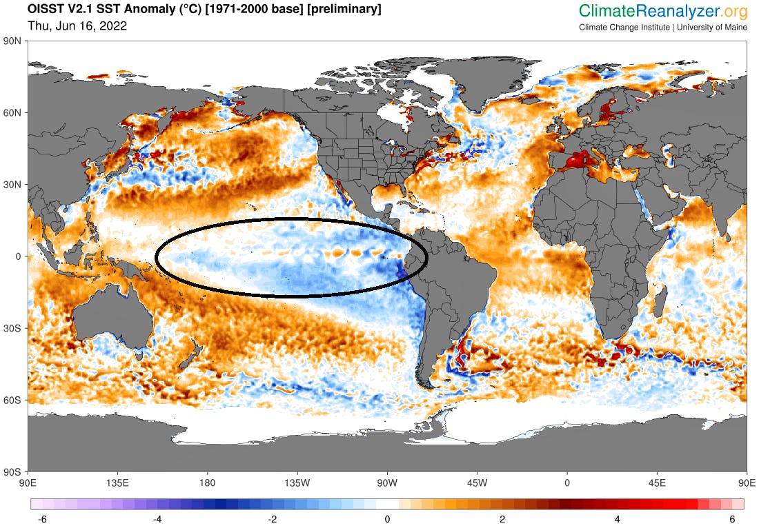 Sea surface temperature anomalies show the ongoing La Niña in the eastern Pacific. -Image from Climate Reanalyzer (https://ClimateReanalyzer.org)