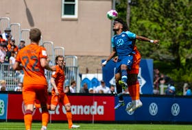 HFX Wanderers forward Alex Marshall jumps for a header against Forge FC during a Canadian Premier League match Sunday afternoon at the Wanderers Grounds in Halifax. Forge won 3-0. - TREVOR MacMILLAN / CANADIAN PREMIER LEAGUE