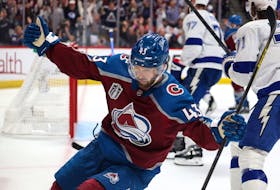 Darren Helm of the Colorado Avalanche celebrates after scoring a goal against the Tampa Bay Lightning during the second period of Game 2 of the Stanley Cup Final on Saturday night at Ball Arena in Denver.