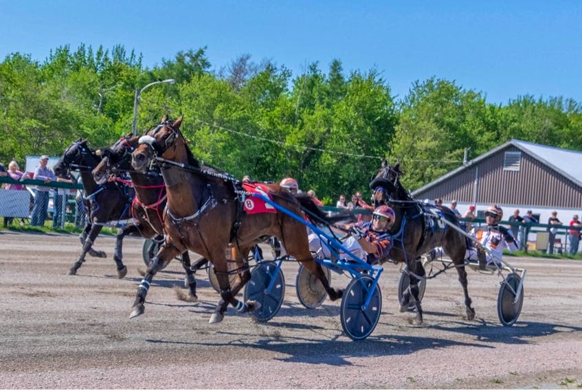 Mando Fun and driver Adam Lynk, fend off three challengers in the stretch, Gentry Seelster, middle, Kiss Me I'm irish, far left, and No. 5 Johnnie Jack to win in 1:57.3 Saturday afternoon at Northside Downs. Photo from Tanya Romeo