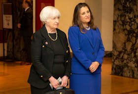 Canadian Deputy Prime Minister and Minister of Finance Chrystia Freeland, right, and U.S. Treasury Secretary Janet Yellen before a meeting in Toronto.
