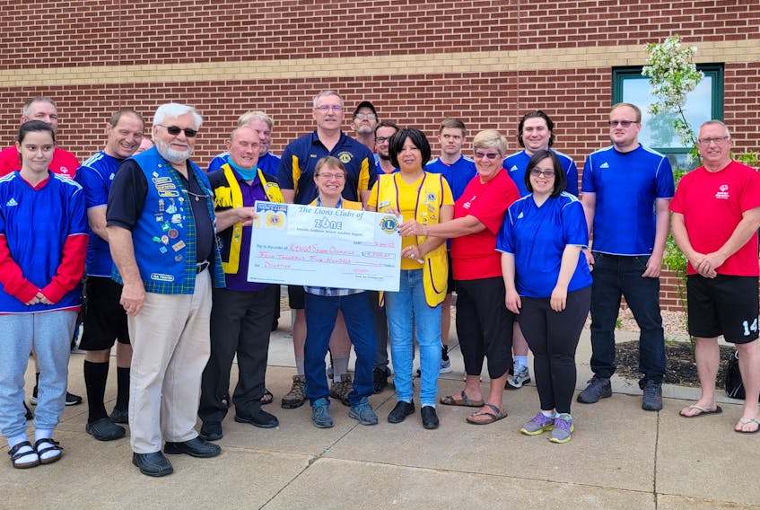 Representatives of Lions clubs from Zone 6 (Kentville to Kingston) recently presented a $4,500 cheque to Marty Arsenault, the co-ordinator for Kings Special Olympics to support the athletes and coaches as they prepare to compete again this summer. Taking part in the recent donation were the club presidents of Kentville (Myrna Harnum), Coldbrook & District (Heather Tracey), Berwick & District (Mick Fitzpatrick), Aylesford & District (Fred Huntley) and Kingston (Pat Nixon). The presentation was made during a Kings Special Olympians soccer team practice.