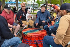 The Lone Cry Singers perform a drumming song as part of a National Indigenous People’s Day event at Confederation Landing Park in Charlottetown on June 21.