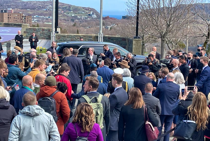 Costs incurred by the Royal Newfoundland Constabulary in order to provide crowd control, traffic and escort services, and Premier Andrew Furey’s detail totalled $17,692.11 in overtime pay for RNC police officers. Pictured is a crowd gathered around Prince Charles and Duchess Camilla at Confederation Building in St. John’s during their four-hour visit to the capital city. -Juanita Mercer/SaltWire Network