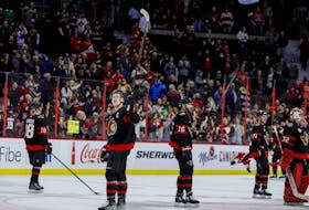 Ottawa Senators captain Brady Tkachuk and teammates salute the crowd after their last home game of the season at Canadian Tire Centre on April 28, 2022.