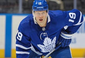 Jason Spezza of the Toronto Maple Leafs waits for a puck drop against the Ottawa Senators during an NHL game at Scotiabank Arena on January 1, 2022 in Toronto, Ontario, Canada.
