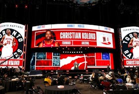 A general view as Deputy commissioner Mark Tatum announces Christian Koloko as the 33rd pick by the Toronto Raptors during the 2022 NBA Draft at Barclays Center on June 23, 2022 in New York City.
