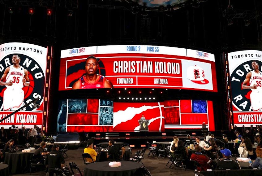 A general view as Deputy commissioner Mark Tatum announces Christian Koloko as the 33rd pick by the Toronto Raptors during the 2022 NBA Draft at Barclays Center on June 23, 2022 in New York City.