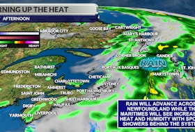 Spotty showers will remain over the Maritimes Saturday while rain advances across Newfoundland.