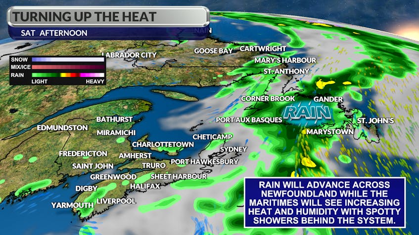 Spotty showers will remain over the Maritimes Saturday while rain advances across Newfoundland.